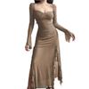 Women's Early Spring High-Waist Mesh Ruffle Bodycon Dress with Square Neck and Slit