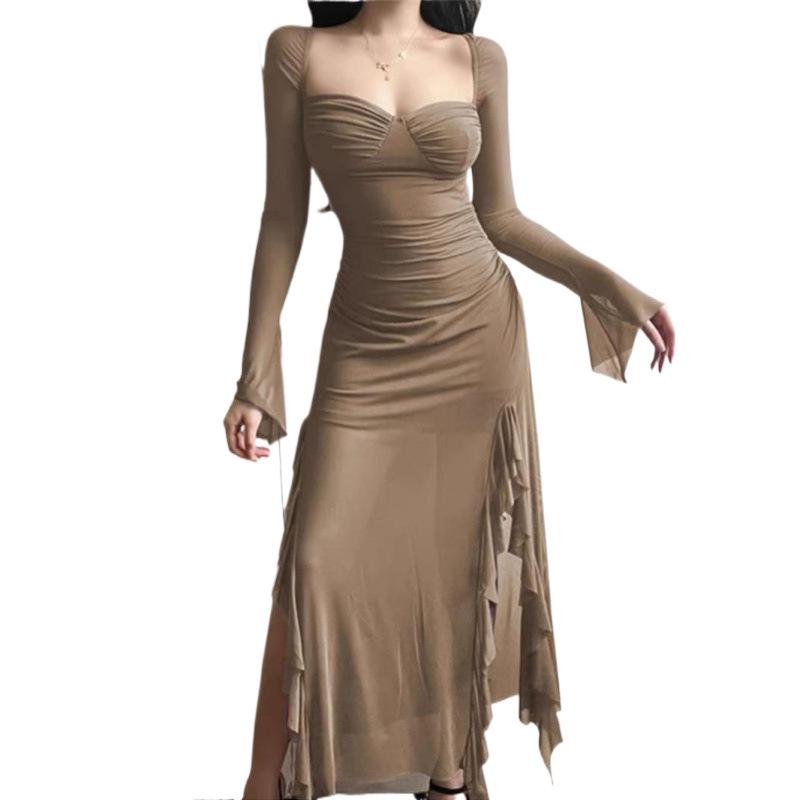 Women's Early Spring High-Waist Mesh Ruffle Bodycon Dress with Square Neck and Slit