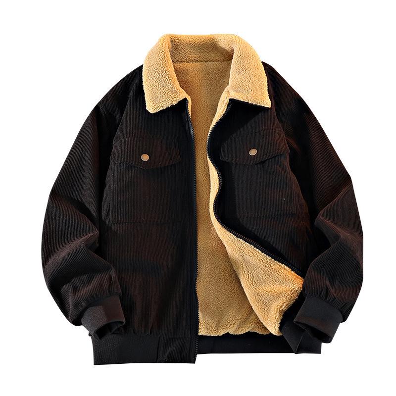Men's Thick Corduroy Jacket with Fleece Lining - Long Sleeve Warm Cotton Outerwear