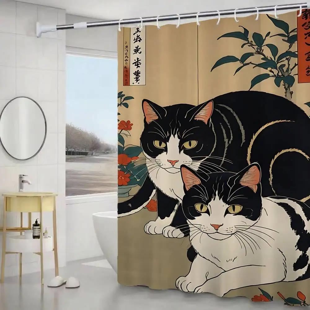 Japanese Cat Classic Vintage 1pc Pattern Shower Curtain Plus Hooks Waterproof Machine Washable Polyester Fabric Abstract