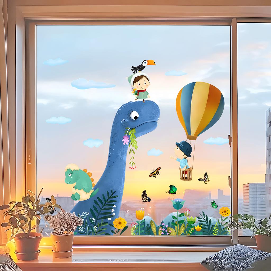Dinosaur Hot Air Balloon Window Sticker for Balcony Bedroom Kindergarten Glass Home Decoration Self-Adhesive
