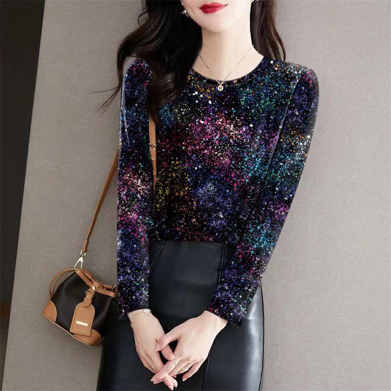 

Women s Floral Print Long-Sleeve Milk Silk T-Shirt, Autumn/Winter, for Middle-Aged and Elderly 2XL