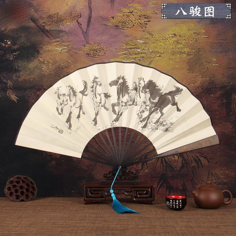 Retro style men's big folding fan with fan tassel Portable daily decorative hand fan Laser engraving fan bone Durable hand fan