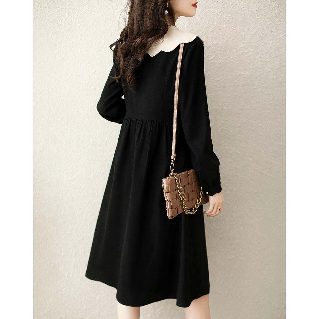 New Winter Contrasting Lace Doll Collar Double-breasted Corduroy Fashionable Mid-style A-line Dress