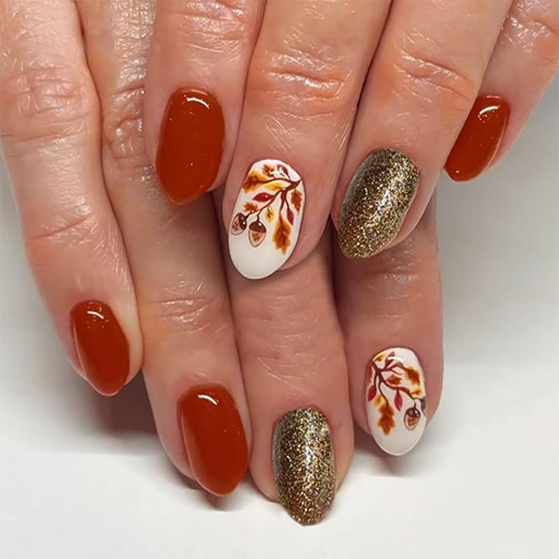 24Pcs Fall Press on Nails Medium Square Fake Nails with Autumn Leaves Designs Red Autumn Maple Leaf False Nail Thanksgiving Acrylic Nails Kit Red