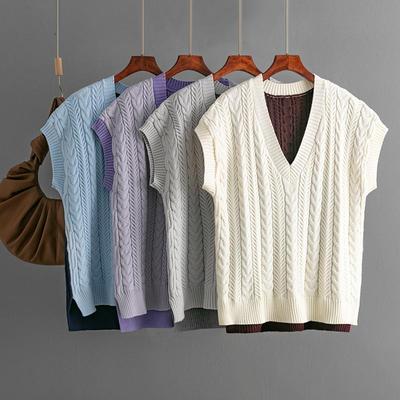 Women Autumn Winter Causal V Neck Sleeveless Diamond Knit Sweater