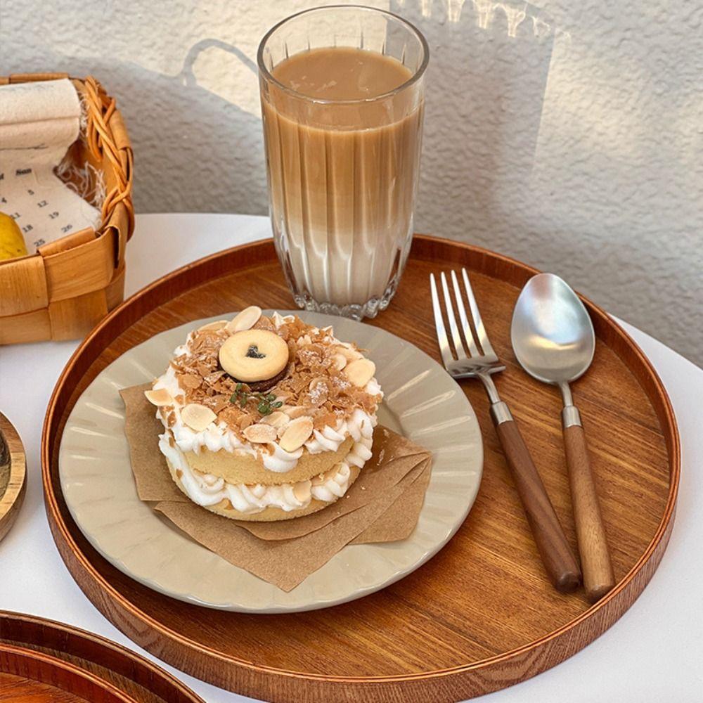 Vintage Round Serving Tray Wooden 21/24/27/30/33cm Wood Platte Tea Food Tray Breakfast Dinner