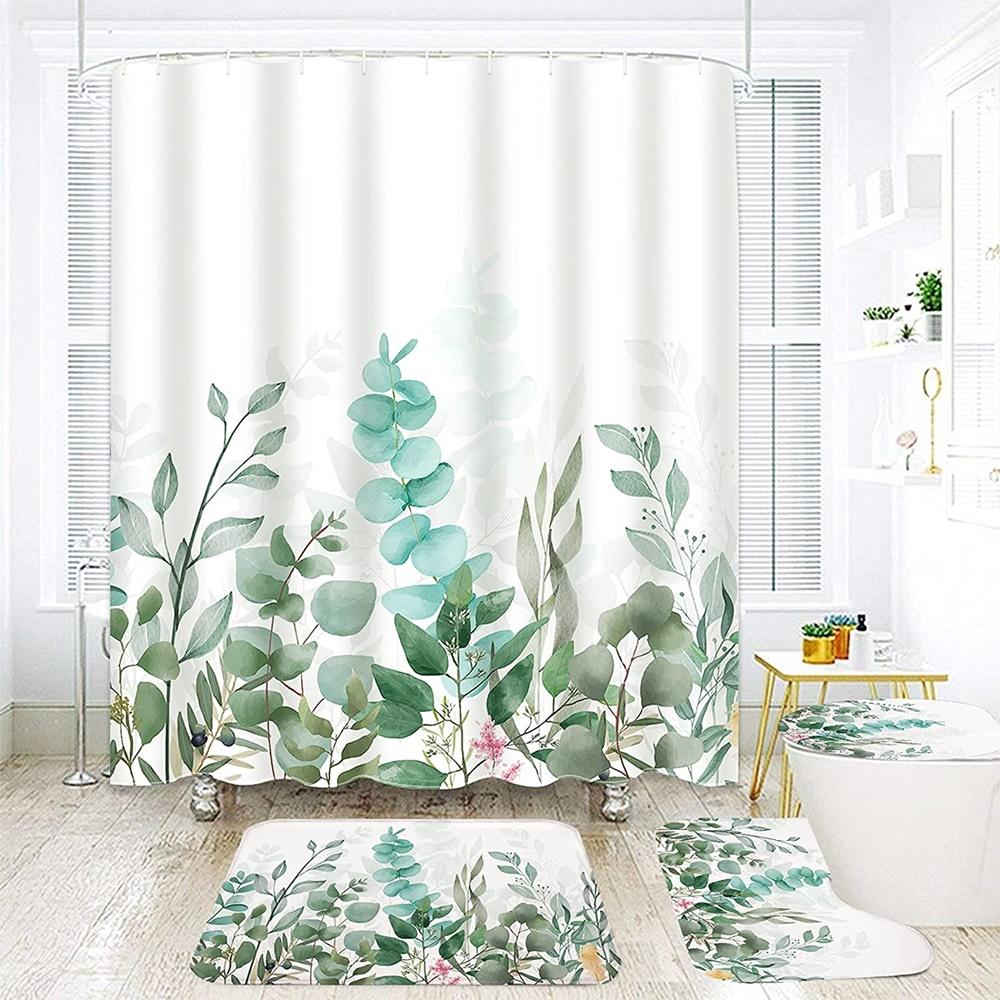 Green Leaves Shower Curtain Sets Spring Rural Plant Flower Bathroom Curtains Non-Slip Toilet Lid Cover Rug Baths Mats Home Decor