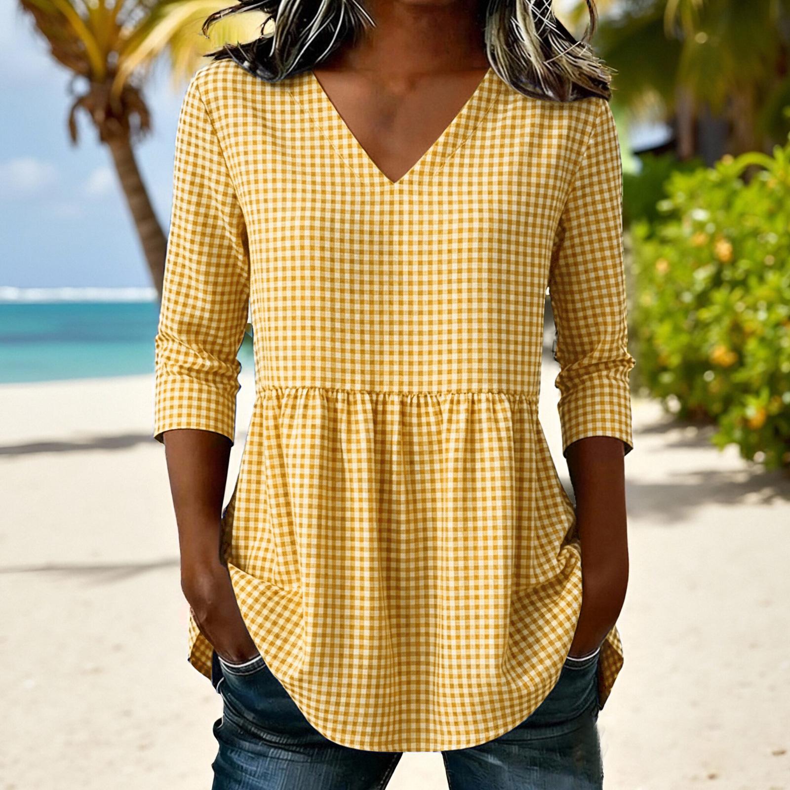 

Women Loose Fit Casual Cotton Linen V Neck Plaid Three Quarter Sleeve Top Blouse Tunic Shirt for Everyday Wear M
