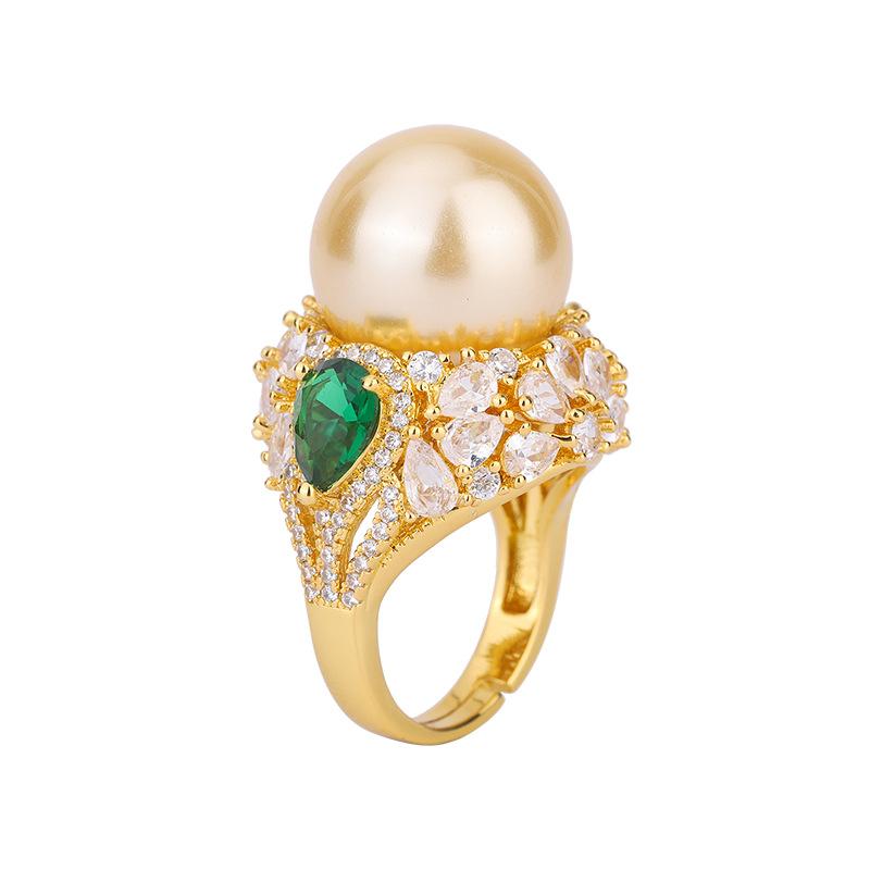 New inlaid gold white bead light gold retro fashion diamond ring 16mm