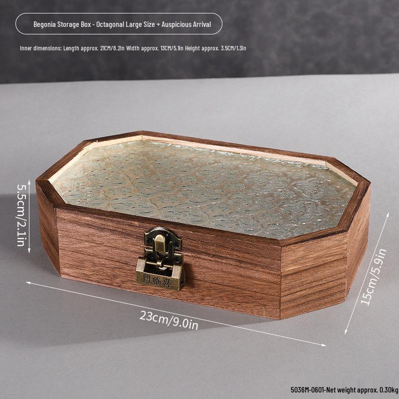 Retro Begonia Glass Lid Wooden Storage Box for Cosmetics, Snacks, Candy, and Documents - Dustproof and Multifunctional