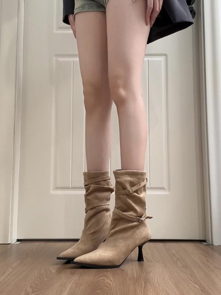 

Pointed Skinny Heel Belt Buckle High Heel Short Boots Women s Pleated Pile Boots Skinny Boots 40 хакі