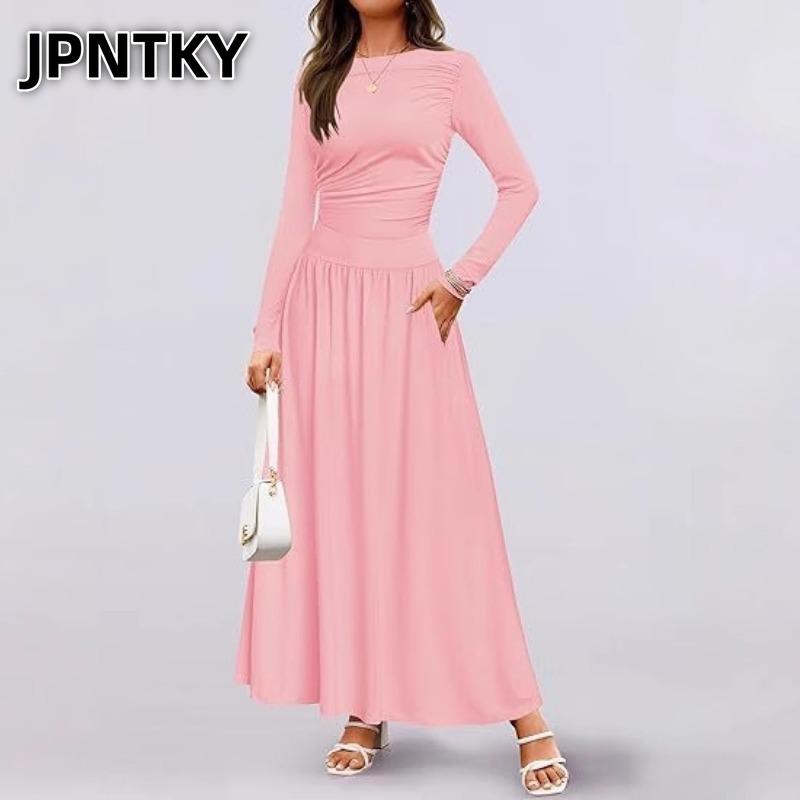 JPNTKY Fashion Autumn Winter Solid Color Print Long Sleeve O-Neck Casual Dresses