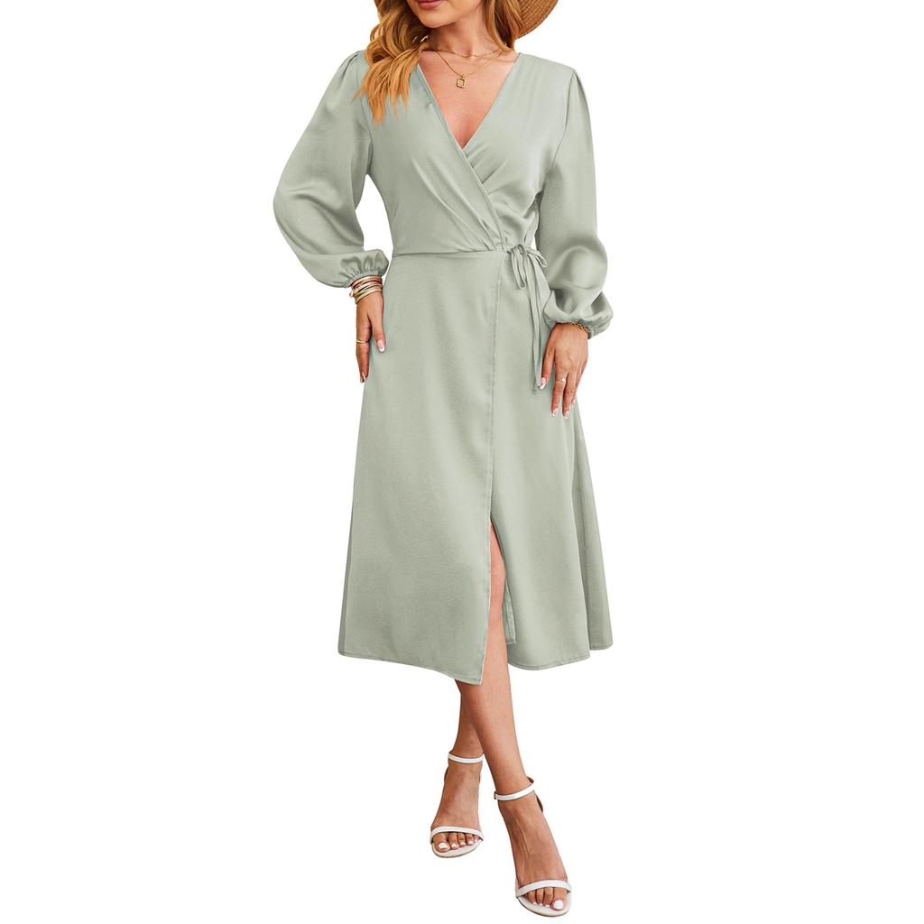 Women's V-Neck Waist Long Sleeve Hem Split Sexy Fashion Dresses
