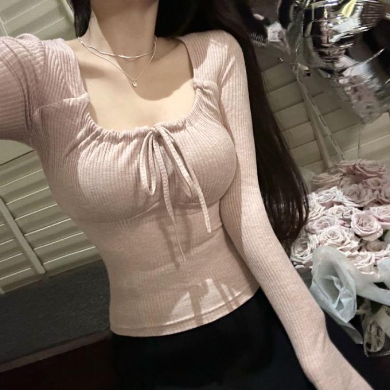Sweet & Spicy Pink Ribbed Square Neck Long Sleeve Slim Fit Women's T-Shirt