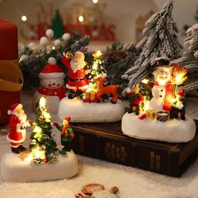Resin Christmas Village Houses Mini LED Light New Year Micro Landscape Snow View Santa Claus Xmas Ornament Desktop Decor