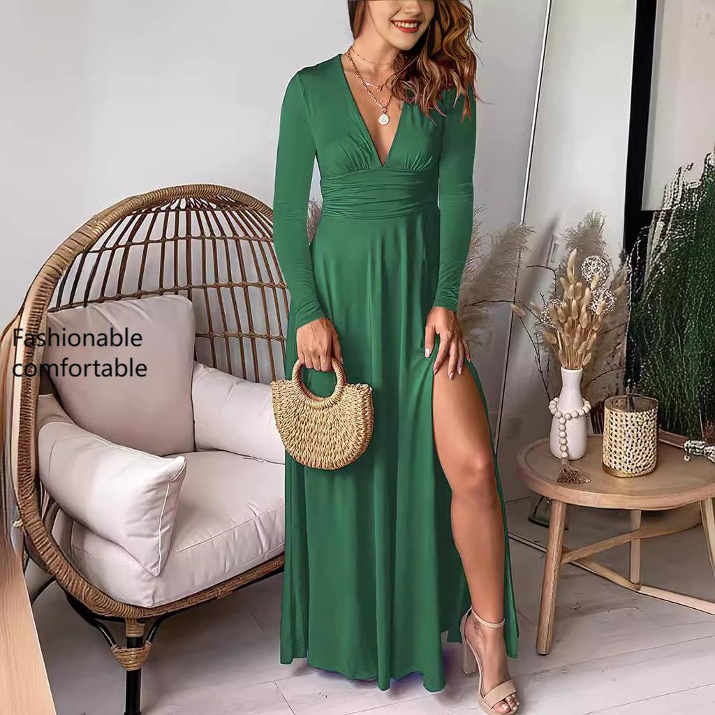 Sukienka damska z głębokim dekoltem w serek i długim rękawem, plisowana, z wysokim stanem i rozcięciem, na imprezę klubową