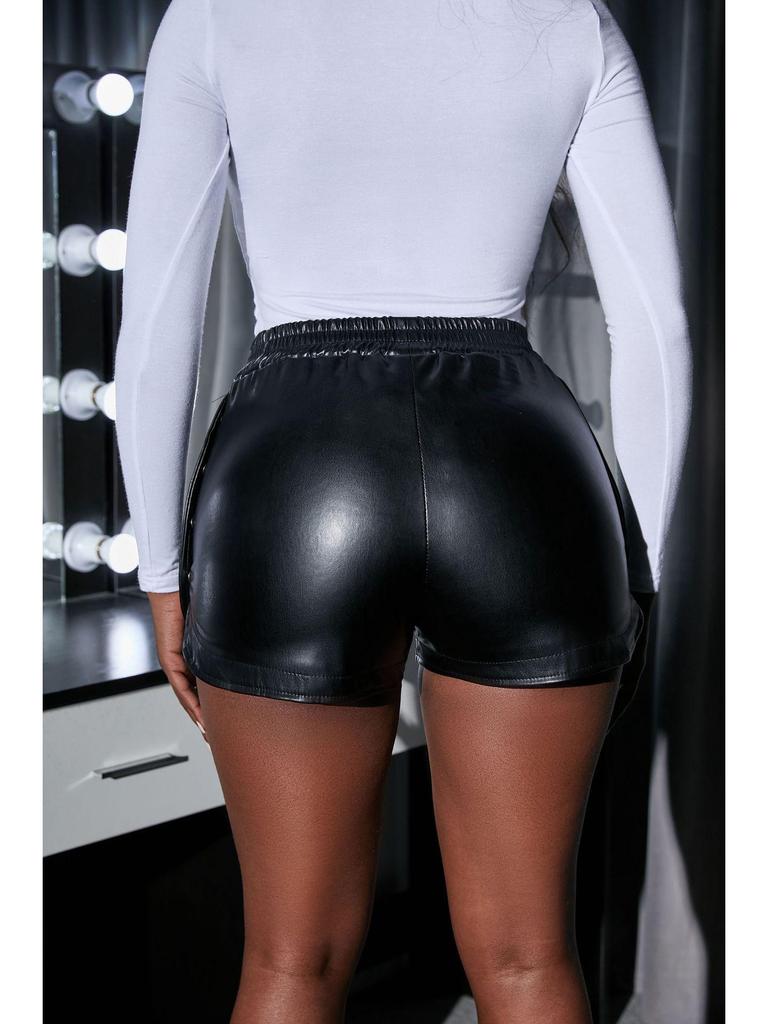 High Waist PU Leather Side Button Slit Shorts for Women