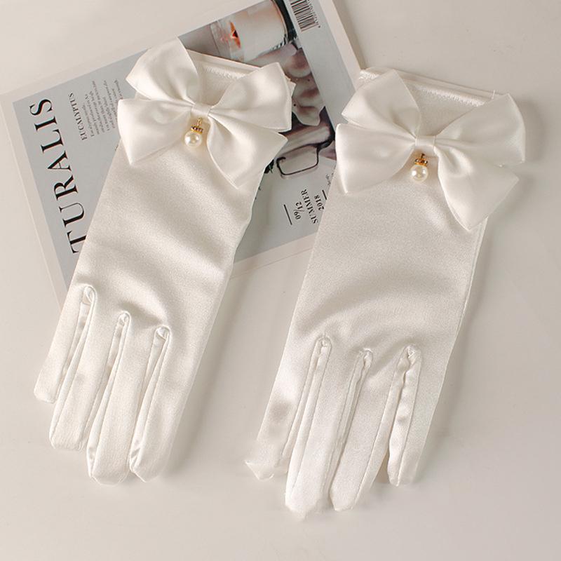 White Romantic Bridal Short Satin Gloves Girl Formal Tea Party Elegant Dress Pearl Wrist Bow Gloves Wedding Accessories