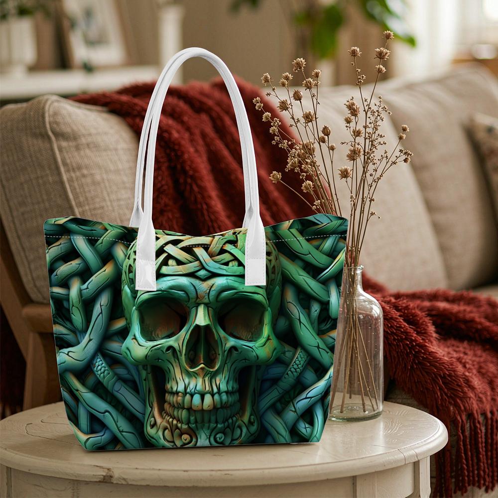 Celtic Knot Green Skull Print Casual Shoulder Tote Bag For Daily Use