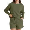 Women's Solid Color Textured Casual Set Long Sleeve Shorts Drawstring Two-Piece Set