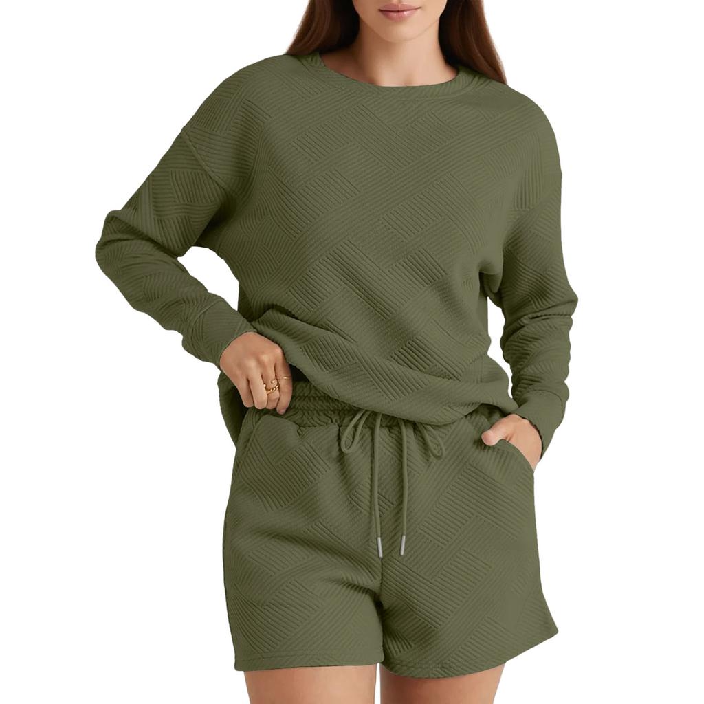 Women's Solid Color Textured Casual Set Long Sleeve Shorts Drawstring Two-Piece Set