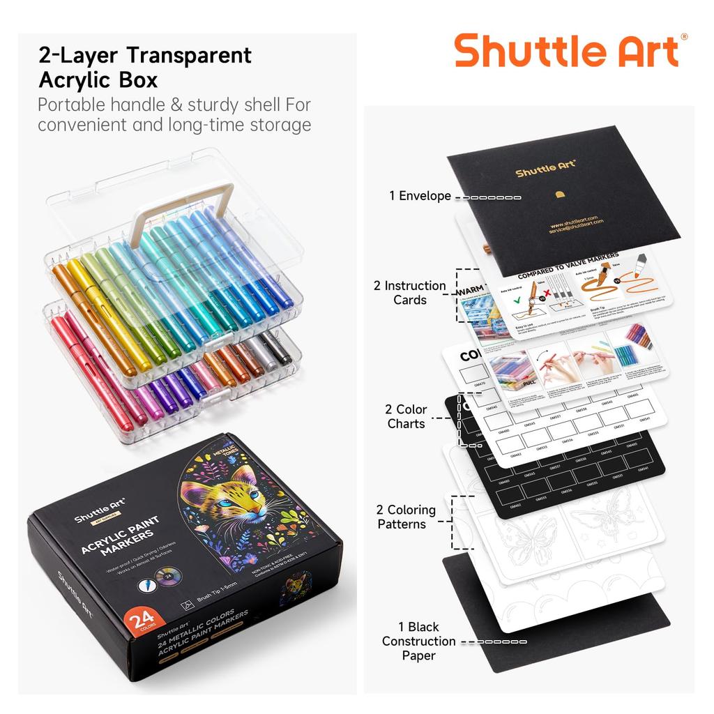Shuttle Art Acrylic Metallic Color Pens with Brush Paint and Perfect for and Includes Storage Perfect for DIY and Art A Great Markers, 24-Color Set,