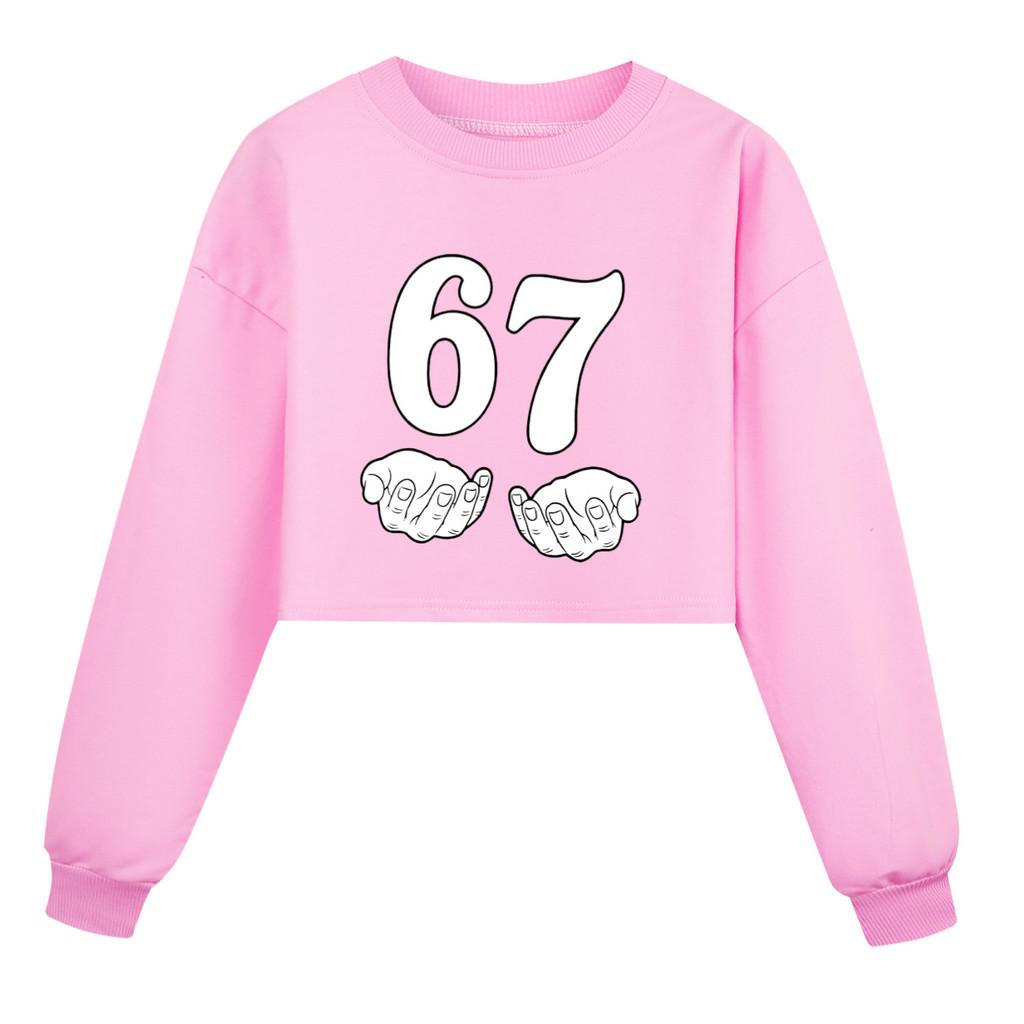 5391 Kinder Mädchen Steal a Brainrot 67 Bedrucktes Baumwoll Sweatshirt mit langen Ärmeln, kurzer Schnitt