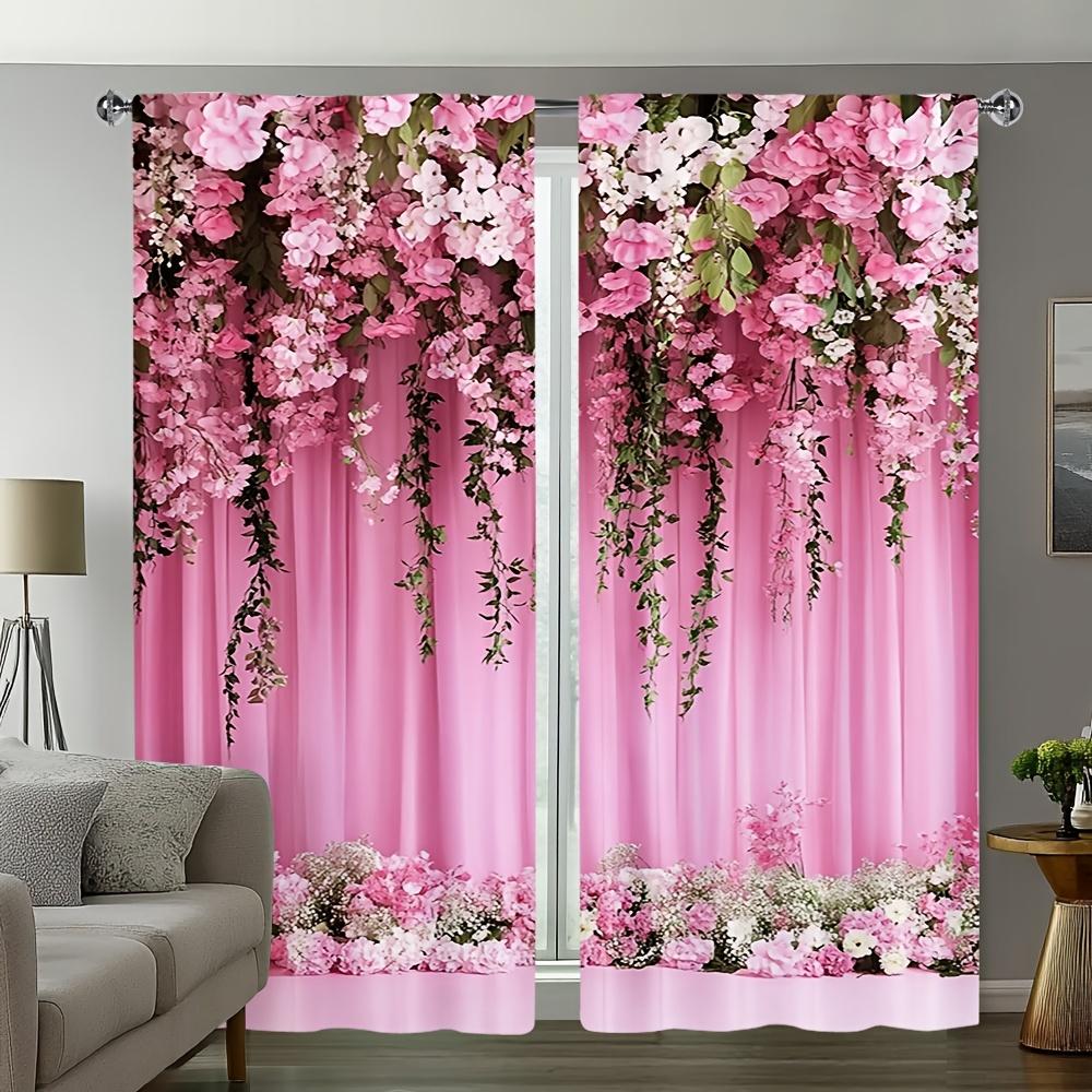 2pcs- Noble Pink Rose Polyester Curtains, Pole Bag Curtains 42*84, Bedroom, Living Room, Home Room Decoration