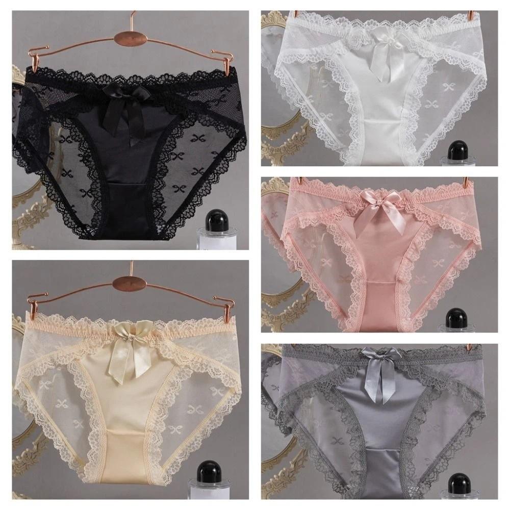 Bow Lace Panties Transparent Mesh Flower Briefs Breathable Underwear for Women  Lady
