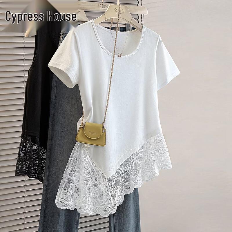 Women s Elegant Solid U-Neck T-Shirt with Lace Trim M белый