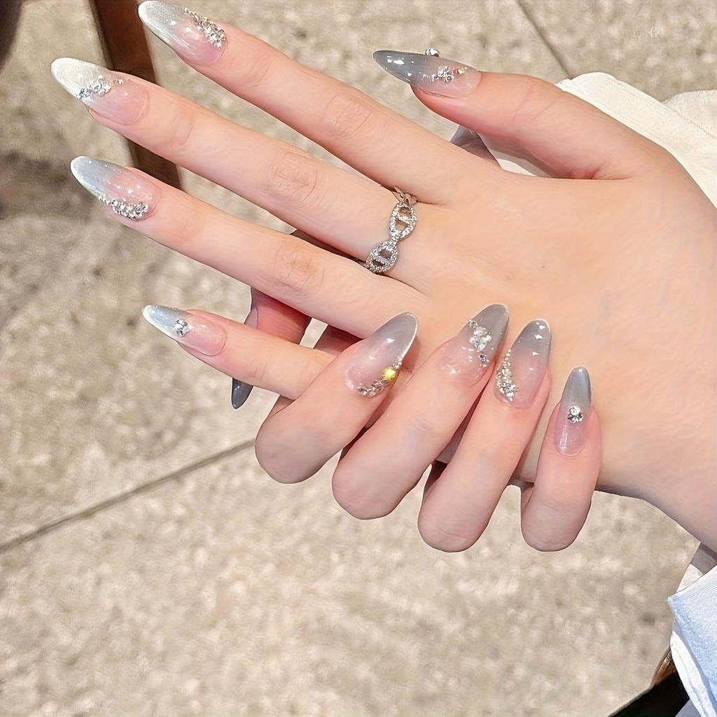 10pcs High-end Light Luxury Silver Cat-eye French Diamonds Handmade Fake Nails, Almond Nail Girly Nail Decoration Patch