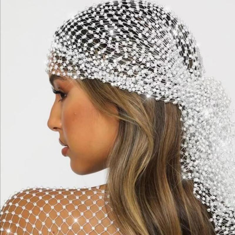 

Rhinestone Fishnet Sparkle Helmet Cover Trendy Fashion Full Rhinestone Mask Music Festival Headscarf Headwear Europe and America білий