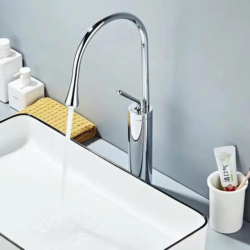 Golden Swan Neck Faucet, High Arc Deck Mount Tap for Bathroom Vanity & Kitchen Island, Cold & Hot Water Mixer