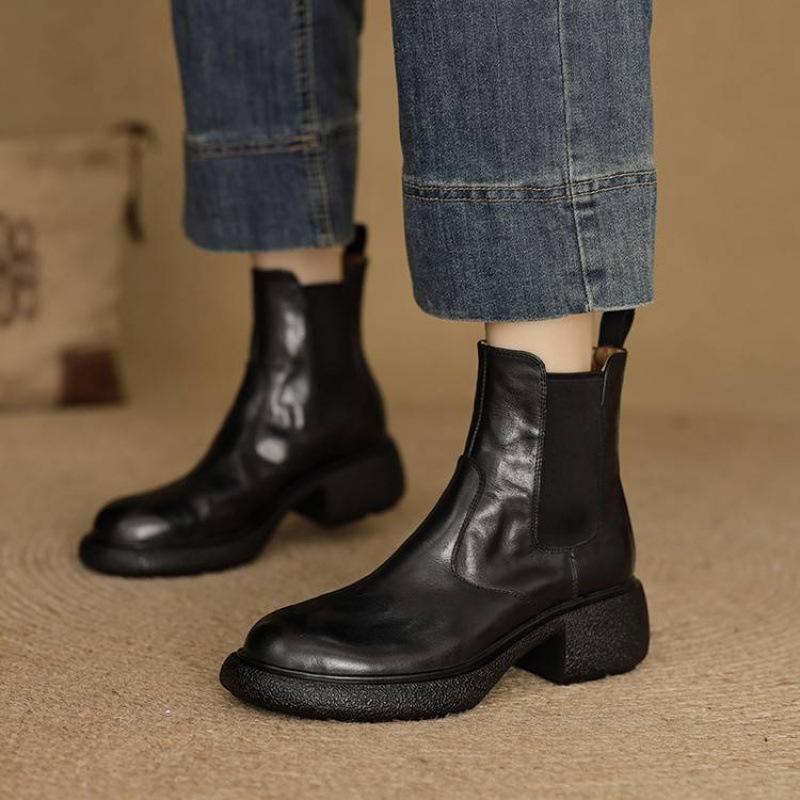 New Women's Versatile Leather Knight Boots Sleeve Solid Color Cowhide Versatile Women's Boots Square Heel Round Head Medium Boots Women's