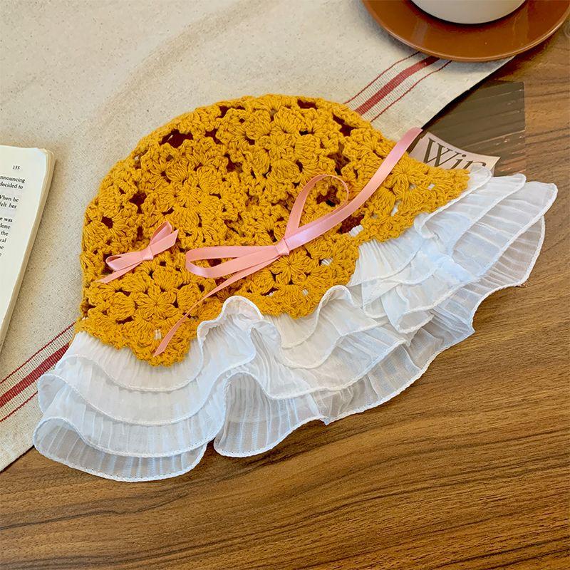 

Вязаная ажурная шляпа-панама с бантом, женская, солнцезащитная, защита от солнца, шляпа-колокол с кружевом, визуально стройнящая лицо, в японском стиле, для большого обхвата головы one size