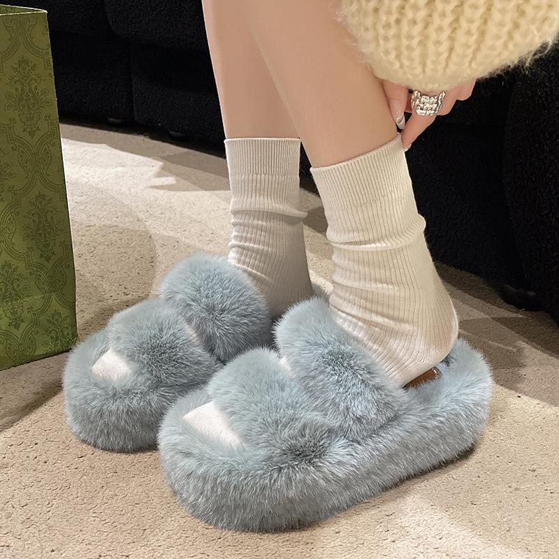 Woman Furry Ladies Fur Luxury Fluffy Plush Slipper House Soft Fuzzy Platform Indoor Casual Winter Home Warm High Heels Female