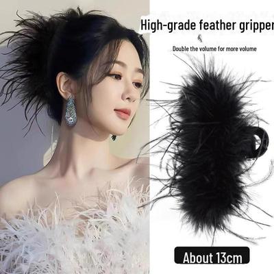 Hochwertiger Feder- und Straußenhaar-Haarklammer für Herbst/Winter - Elegantes Zopf-Kopfschmuck