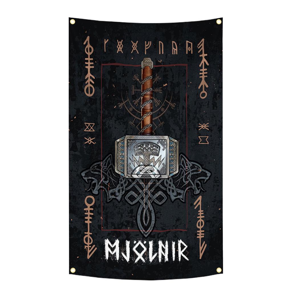 90X150Cm Norse Mythology Flag Mjolnir Yggdrasil World Tree Tapestry Polyester Digital Printing Banner Garage Wall Art Decoration