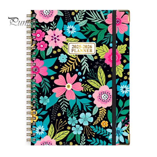 Planer 2025-2026 Lipiec 2025 - Czerwiec 2026 12-miesięczny dzienny tygodniowy miesięczny planer spiralny z nadrukiem kwiatowym do domu, biura, szkoły