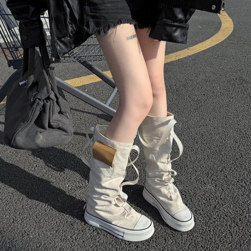 Fashion 2025 New High Top Woman Canvas Shoes Women's Spring Autumn Boots Wide Barrel Mid Barrel Boots Trouser Barrel Stacking Boots
