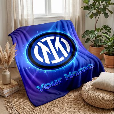 Inter Milan Custom Name Text Flannel Blanket Soccer Logo Personalized Fleece Throw Blanket Special Gift For Sofa Bedroom Home