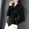 Herbst Langarm frauen Bluse Sexy Kreuz V-ausschnitt Dünne Schwarze Weibliche Blusen Frühling Casual Büro Elegante Dame Top Pullover