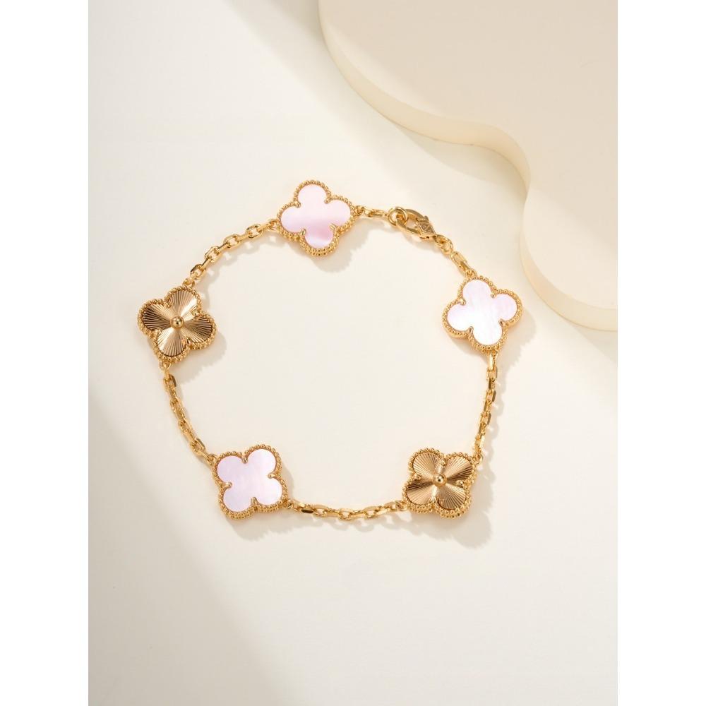 Hochwertiger roter Chalcedon Laser vierblättriges Kleeblatt fünfblütiges Armband 18K Roségold leichter Luxusschmuck Geschenk für Freundin