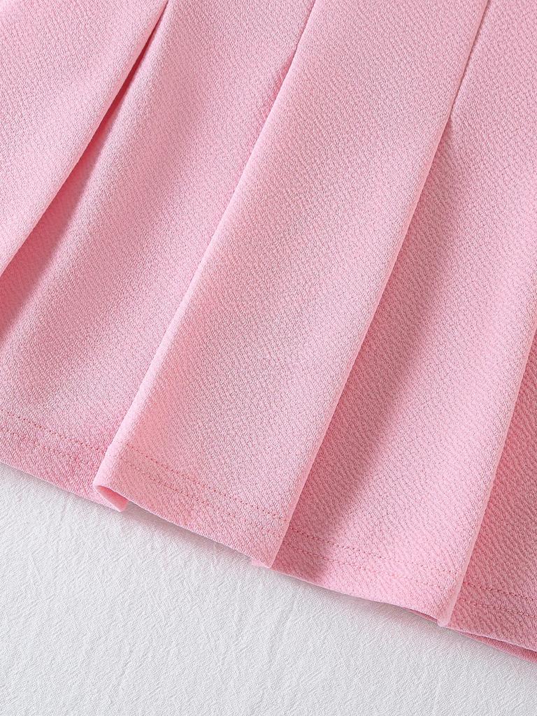 Girls' Two-Piece Outfit: Stylish & Cute Spring/Summer Set featuring a Pink Crew-Neck Tank Top with 3D Pleated Bow Accent, Paired with Loose-Fit Shorts