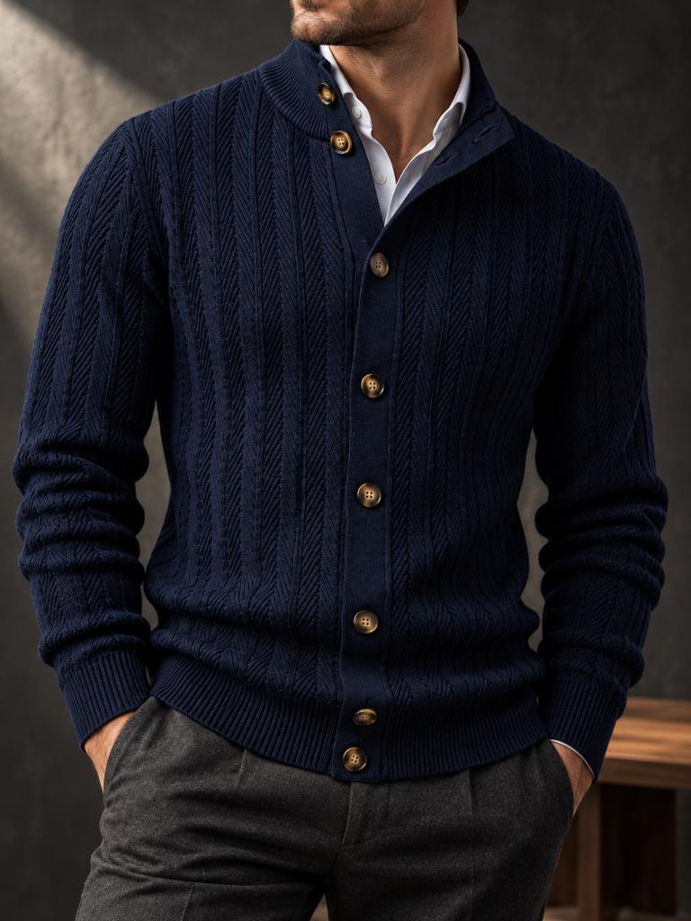 AIOPESON Men Cotton Design Knitwear Sweater Button Up Stand Collar Ribbed Cuffs Cardigan Smart Casual Office Thermal Fall Winter