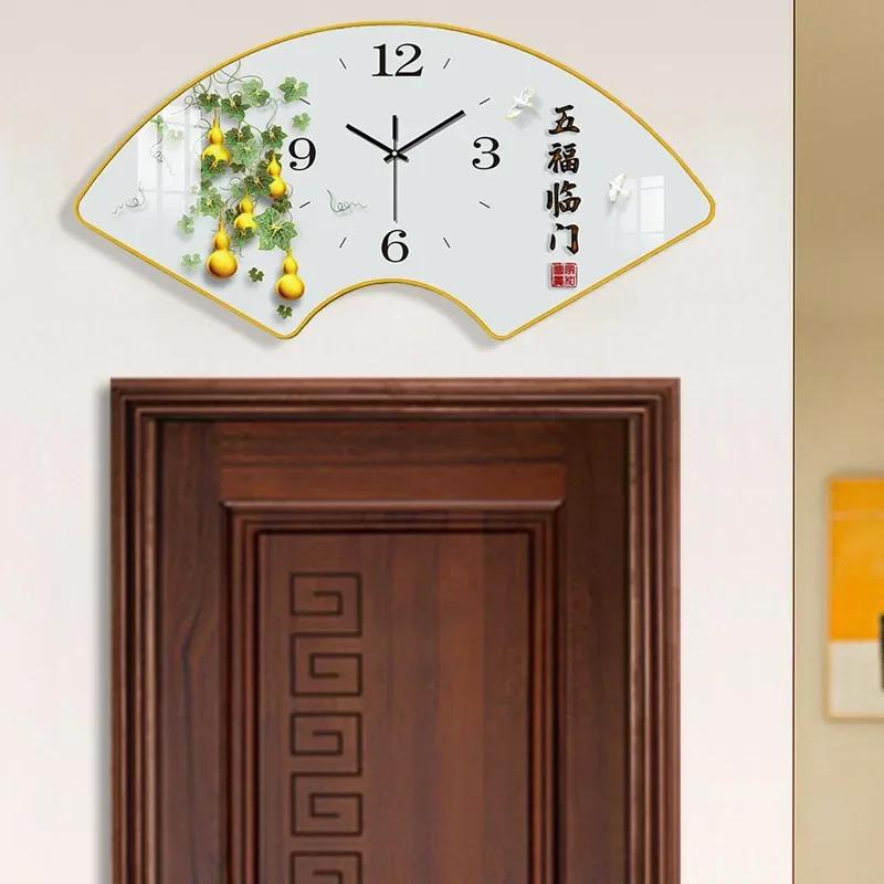 

Fan-shaped Wall Clock Creative Crystal Porcelain Painting Chinese Style Silent Clock Without Punching Hanging Clock M2G0A1 60x30CM