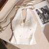 Women Tops Halter Neck Beaded Faux Pearls Camisole Soft Stretchy Loose Fit Solid Color Knitting Tops Work Party Wear