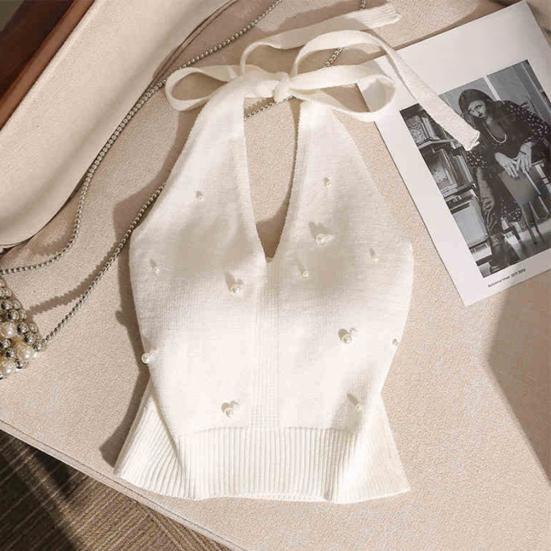 Women Tops Halter Neck Beaded Faux Pearls Camisole Soft Stretchy Loose Fit Solid Color Knitting Tops Work Party Wear