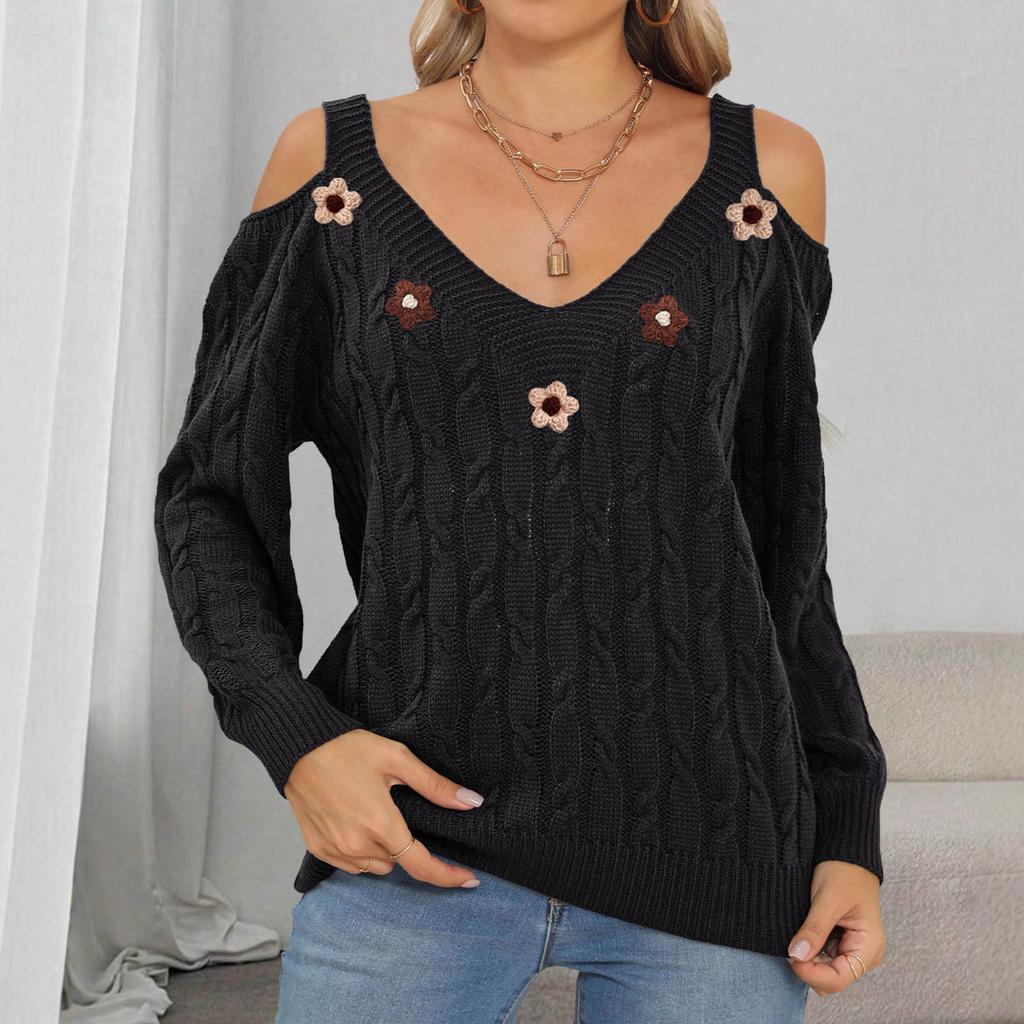 European Size Sweater Foreign Trade Cross-border Women's Suspender Off-the-shoulder Sweater Hand-hooked Decorative Twist Knitted Pullover Sweater
